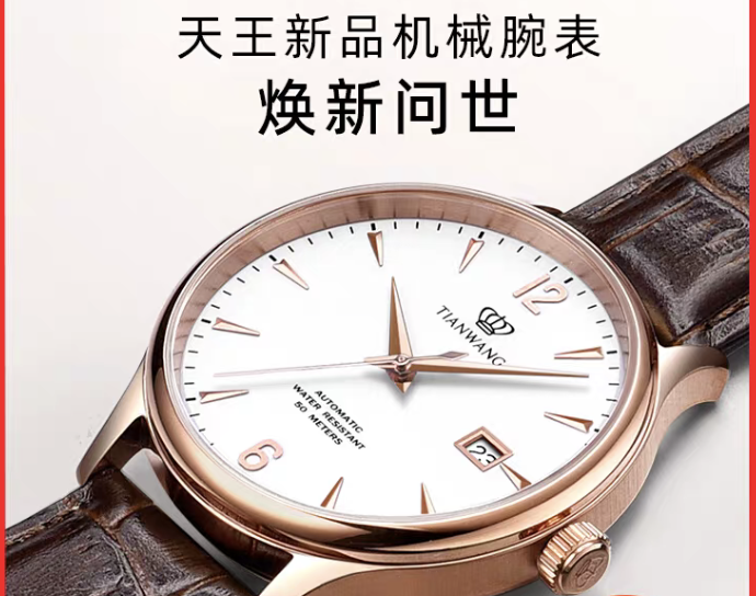 天王表昆仑系列5844经典商务真皮自动机械手表男生日礼物送老公