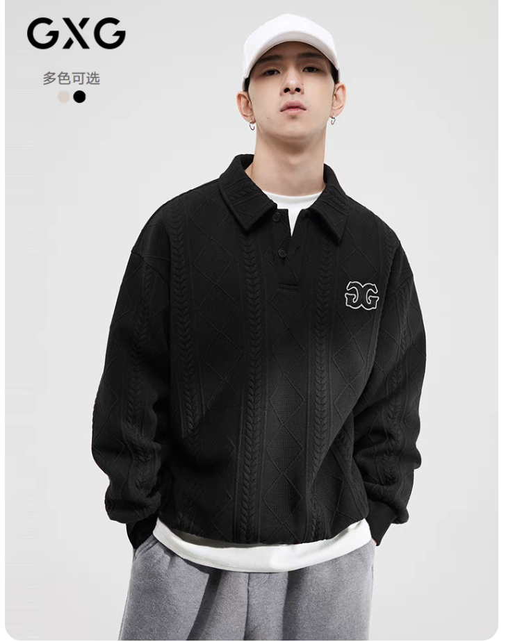 GXG男装 加绒肌理重磅休闲卫衣男衬衫领卫衣套头卫衣男 秋冬热卖