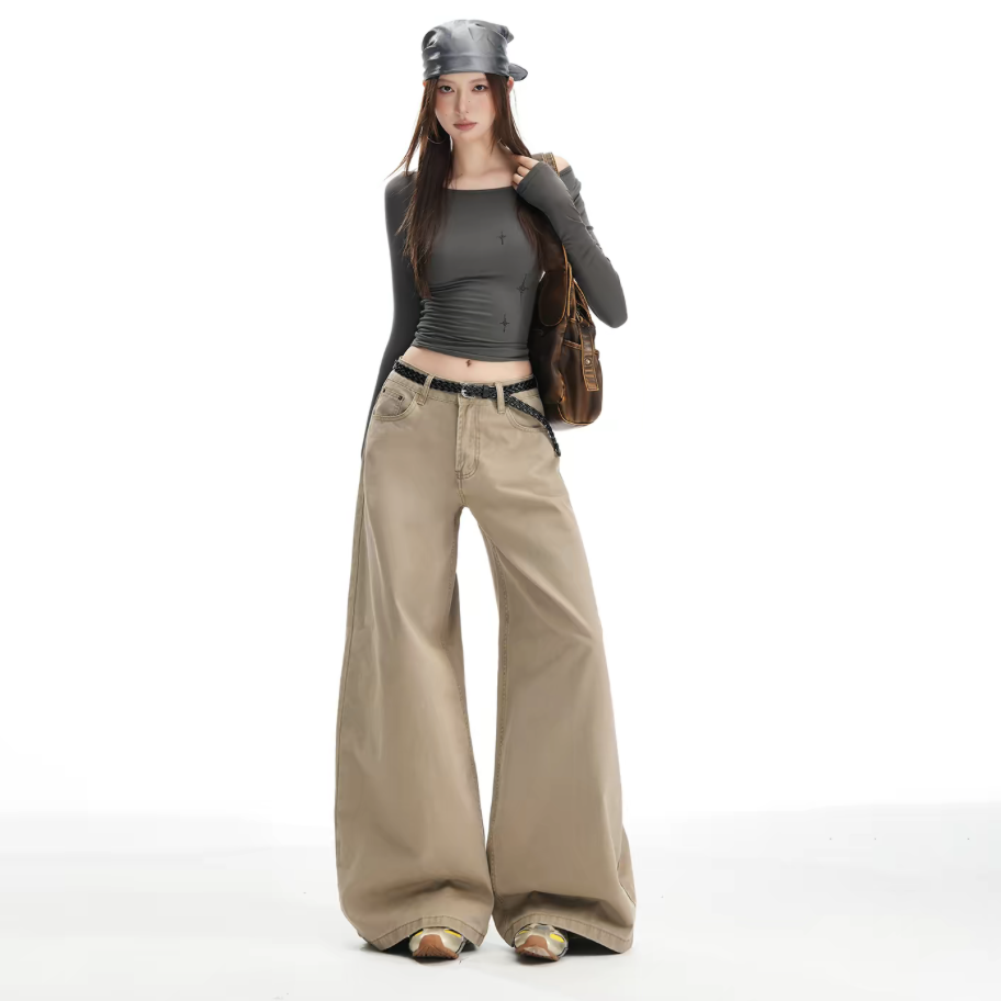 弄格卡其色高腰直筒牛仔裤女加绒冬季百搭宽松显瘦阔腿休闲长裤子