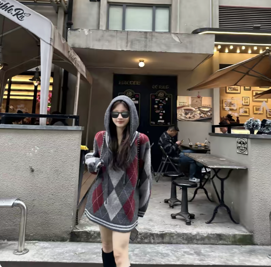 FancyFairy连帽菱格/女装春季2026新款针织开衫外穿毛衣外套