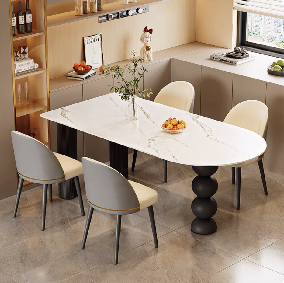 法式复古岩板餐桌高端餐桌岩板小户型设计师创意半椭圆岛台餐桌椅