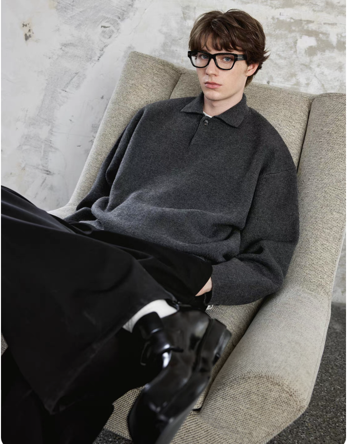 Lilbetter高密厚实老钱风小翻领毛衣男女同款宽松POLO领针织衫LB