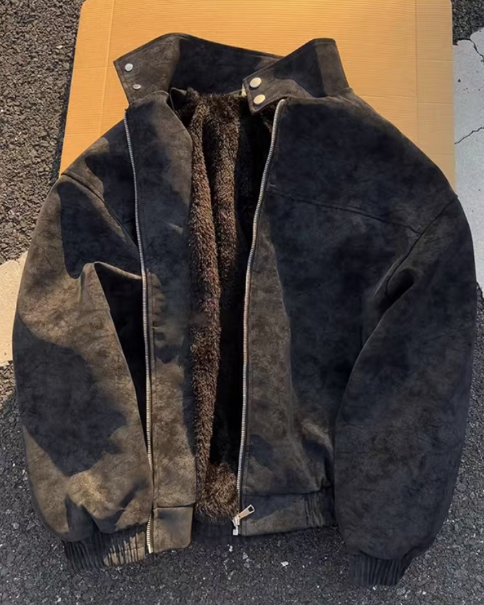 美式扎染pu皮夹克棉服男款冬季加绒加厚棉衣防寒保暖立领机车外套