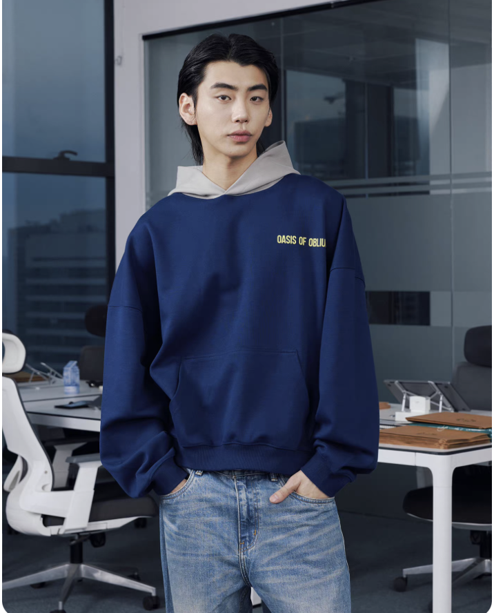 OaOO 撞色拼接连帽卫衣短宽重磅印花帽衫上衣男